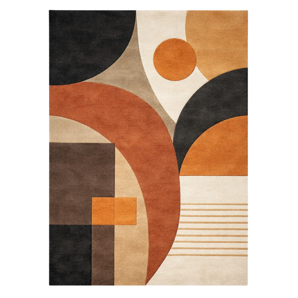 Geometric patterned rug with circular and square shapes in brown, black, and beige colors on a white background.