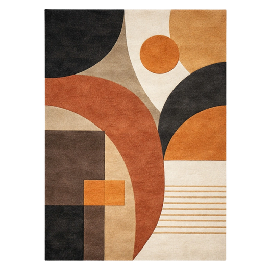 Geometric patterned rug with circular and square shapes in brown, black, and beige colors on a white background.