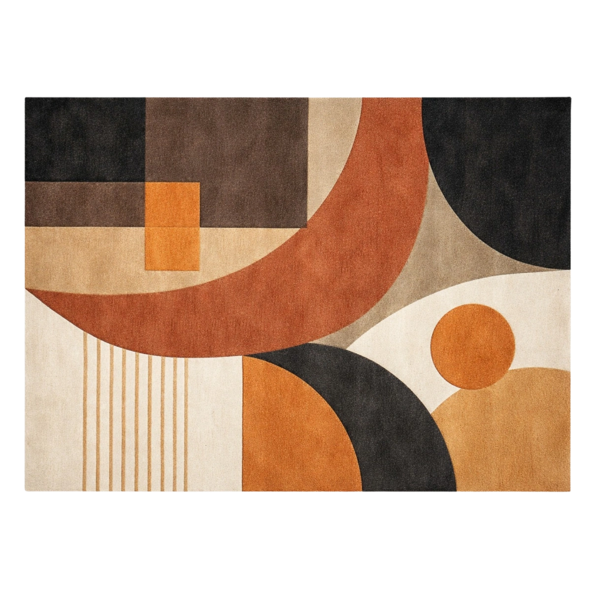 Geometric patterned rug with brown, black, and orange colors on a white background