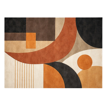Geometric patterned rug with brown, black, and orange colors on a white background