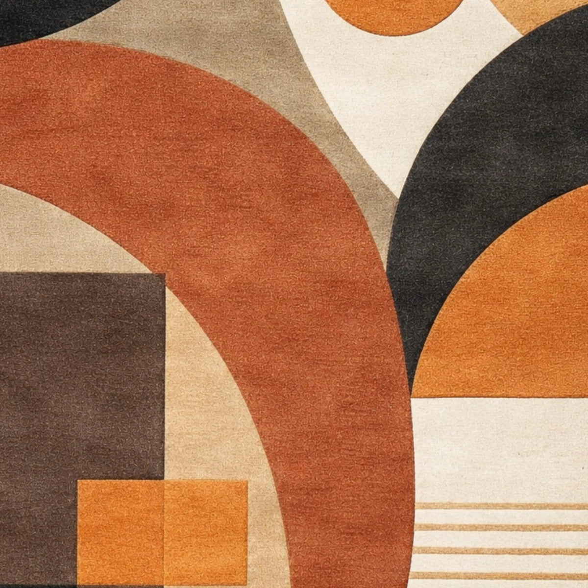 Close-up of a geometric patterned rug with brown, black, and orange colors.
