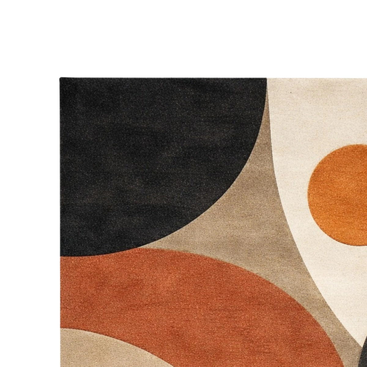 Geometric patterned rug with black, orange, and beige colors on a white background