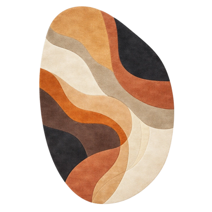 Round area rug with wavy pattern in brown, beige, and black on a white background