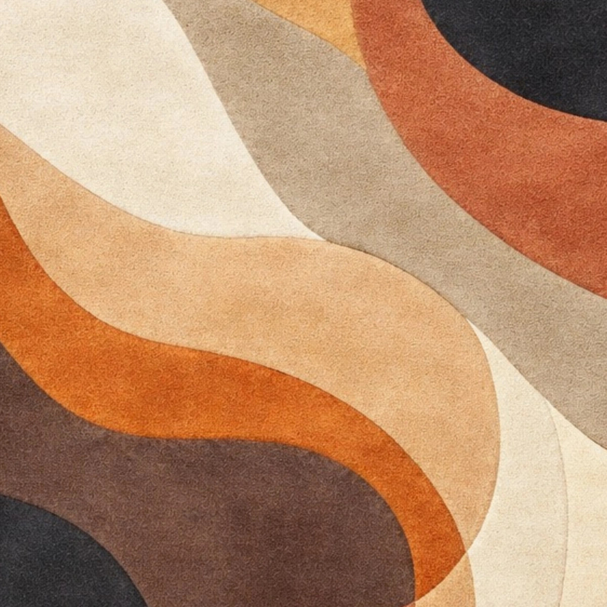 Close-up of a textured rug with wavy pattern in earthy tones.