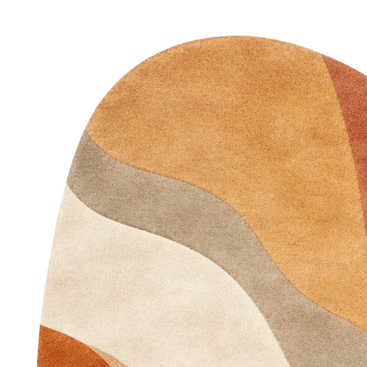 Close-up of a multicolored geometric-patterned rug with earthy tones on a white background.
