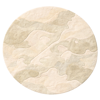 Round beige rug with a subtle pattern on a white background