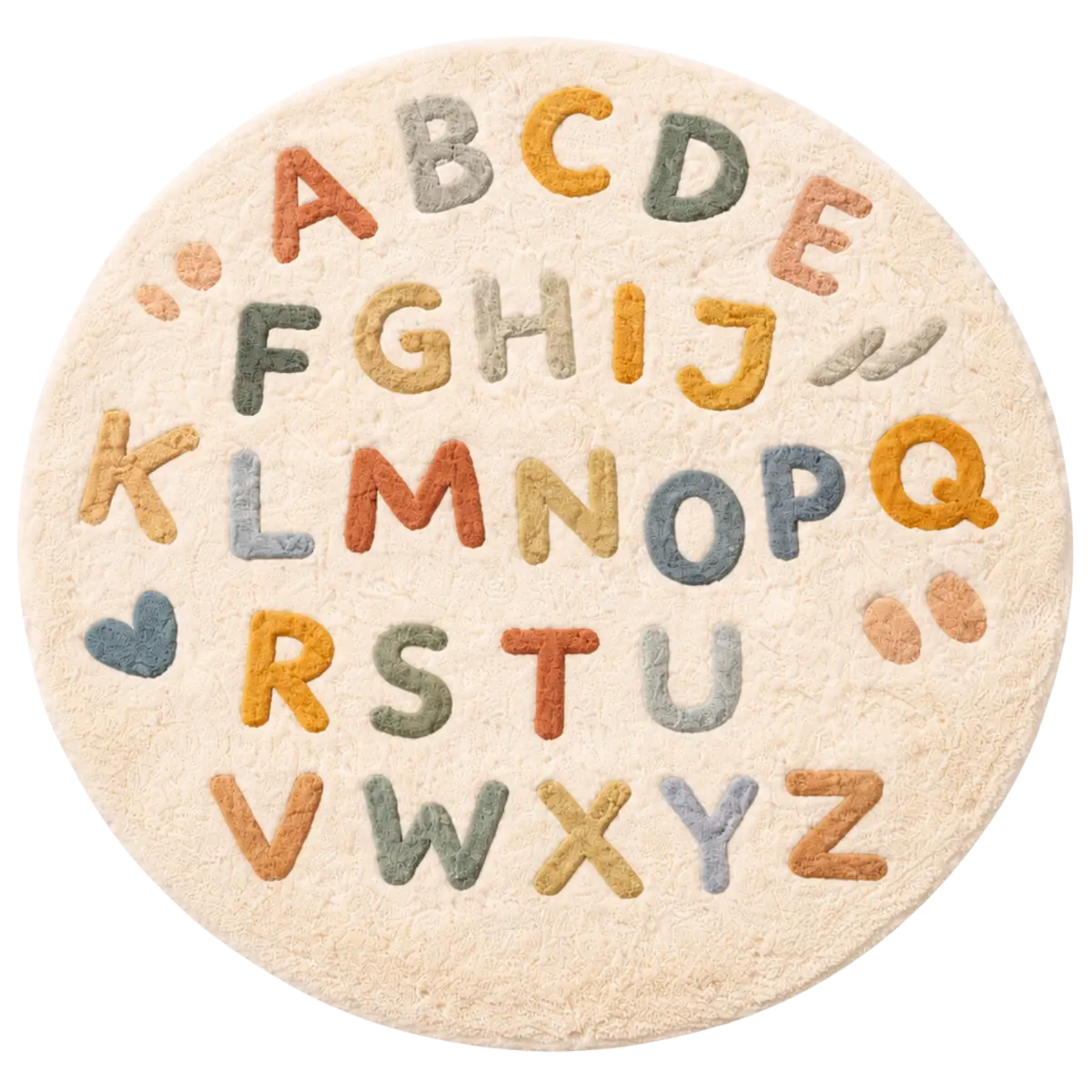 Round rug with colorful letters of the alphabet on a white background