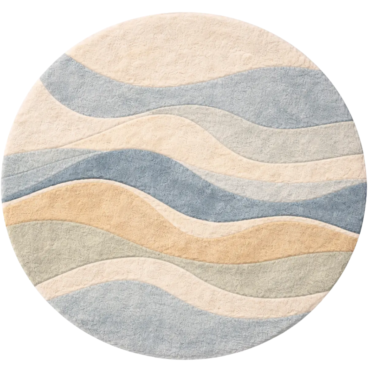 Round rug with wavy pattern in beige, blue, and gray on a white background