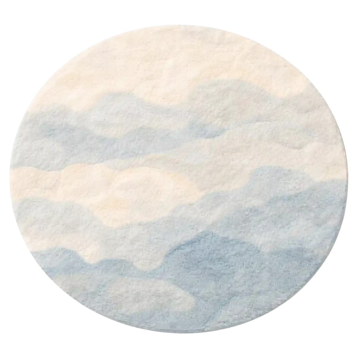 Round rug with a gradient design transitioning from beige to blue on a white background