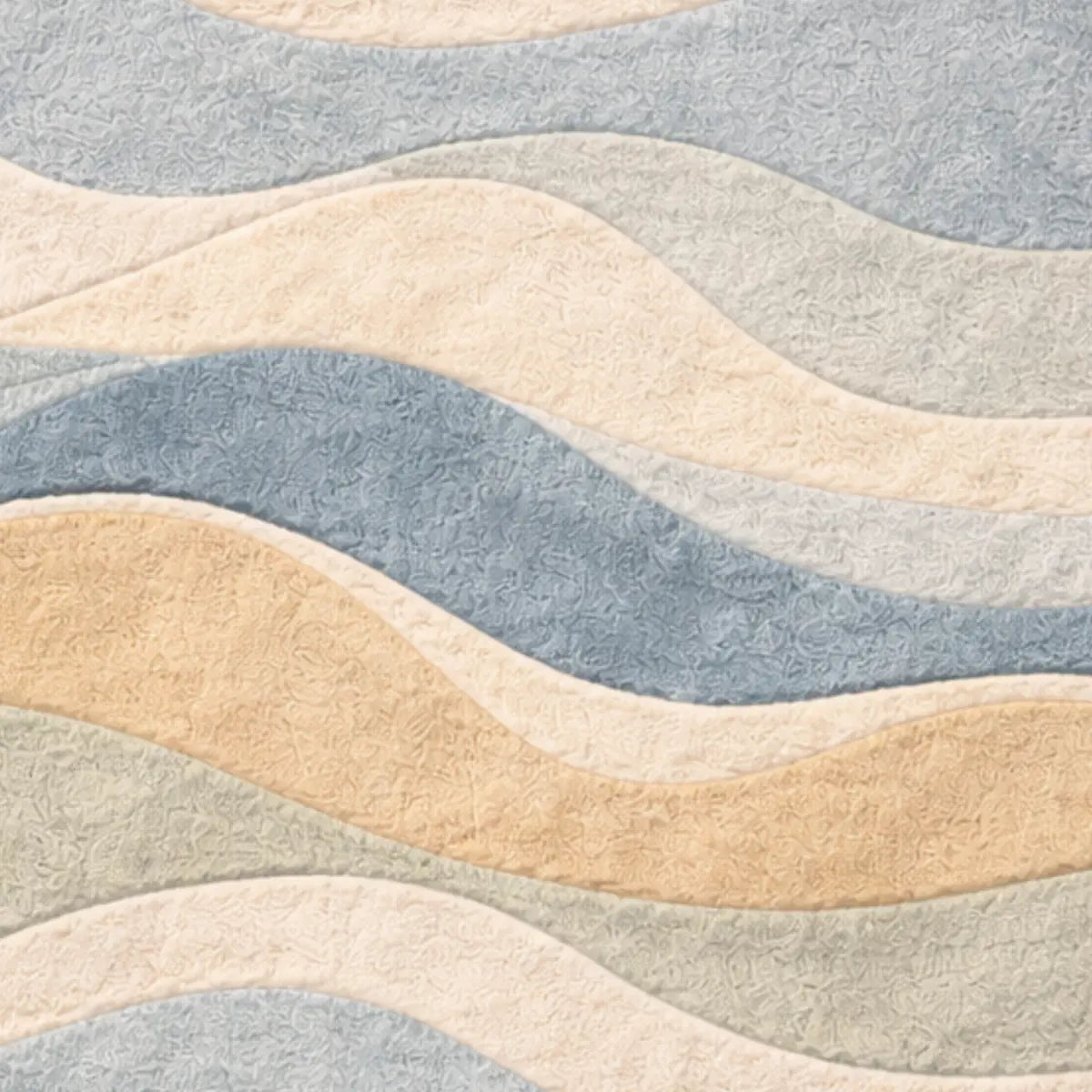 Textured fabric with wavy pattern in beige, blue, and gray