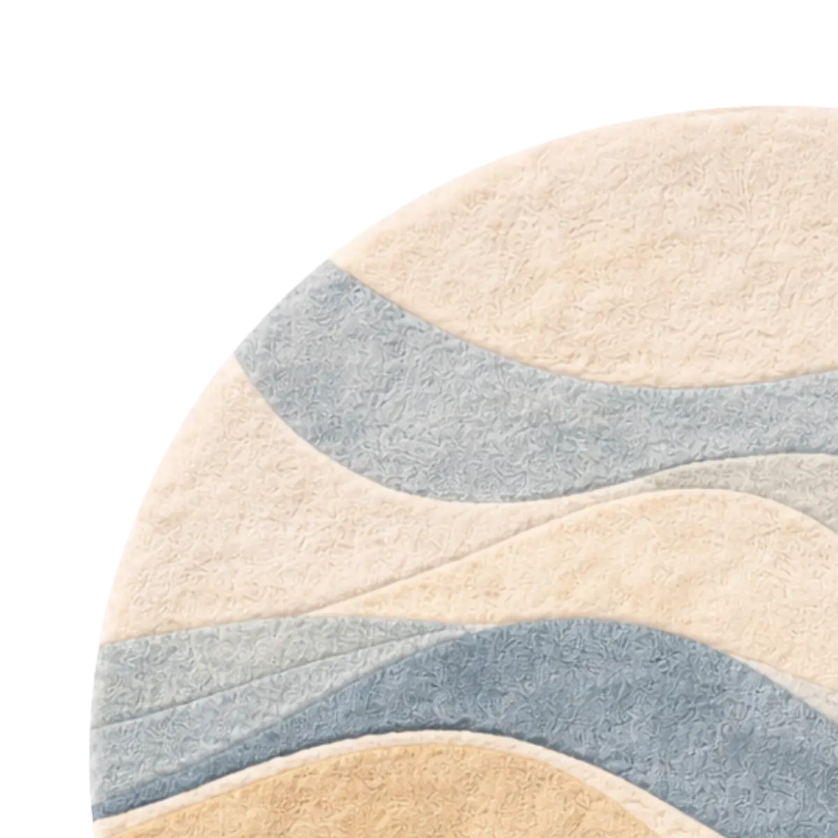Close-up of a round rug with wavy beige and blue patterns on a white background