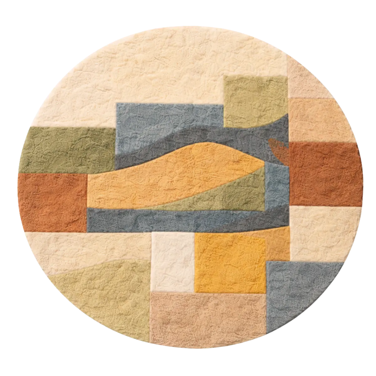 Round rug with geometric pattern in earthy tones on a white background