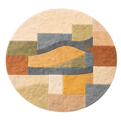 Round rug with geometric pattern in earthy tones on a white background