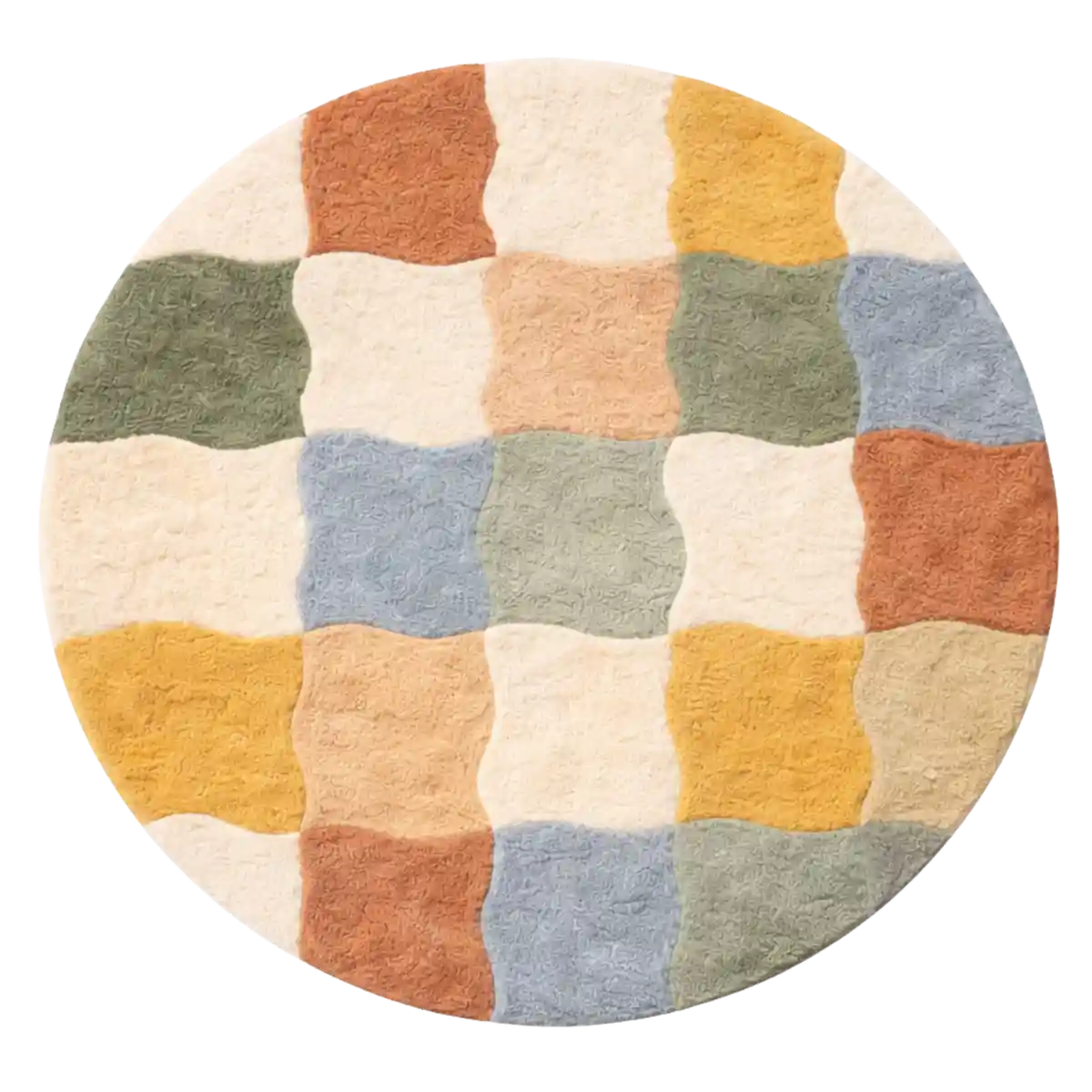 Round patchwork rug with multicolored squares on a white background