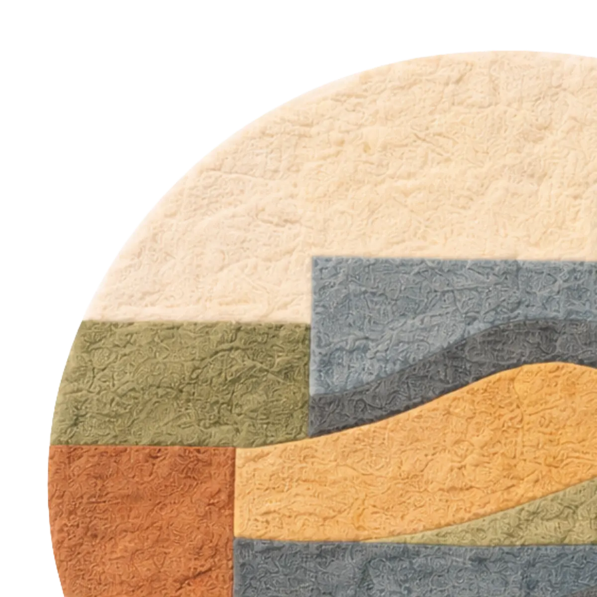 Round rug with a patchwork design featuring beige, green, orange, and gray colors on a white background.