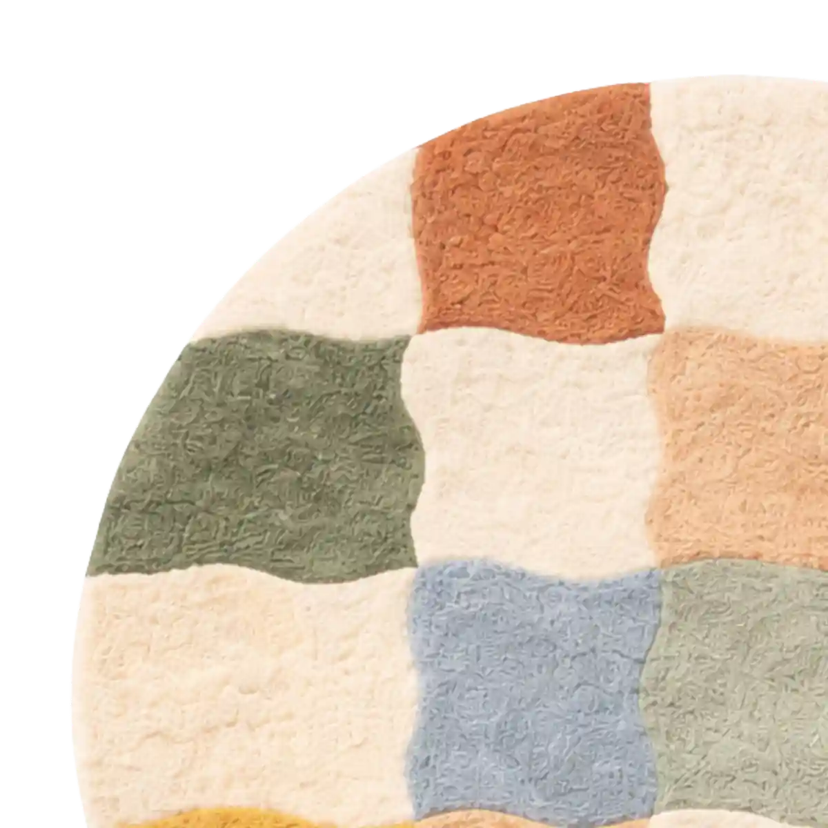 Round rug with multicolored square patterns on a white background