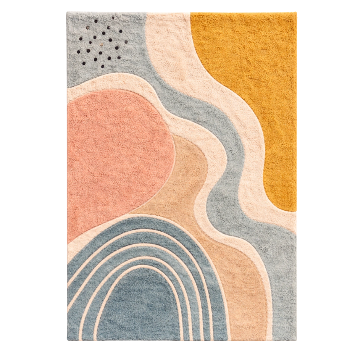 Rug with abstract pattern in shades of orange, blue, and gray on a white background