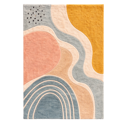 Rug with abstract pattern in shades of orange, blue, and gray on a white background