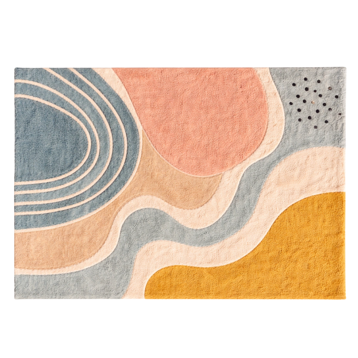 Abstract patterned rug with circular and wavy shapes in soft colors on a white background