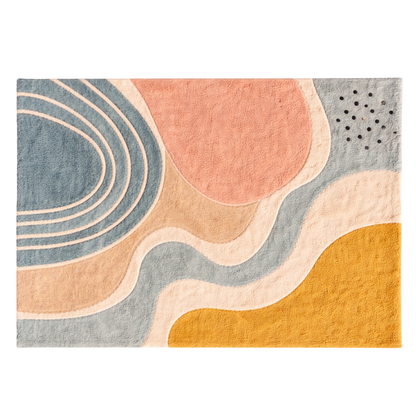 Abstract patterned rug with circular and wavy shapes in soft colors on a white background