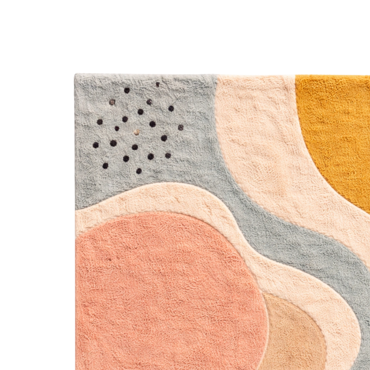 Abstract patterned rug with geometric shapes on a white background