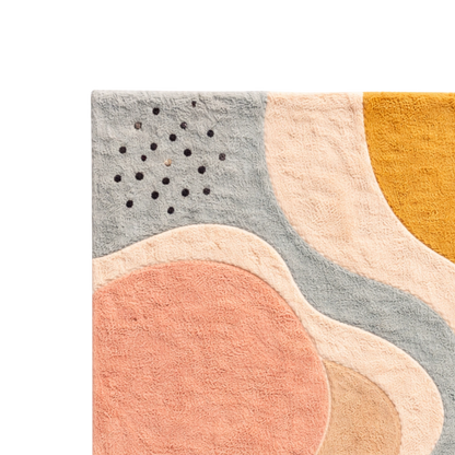 Abstract patterned rug with geometric shapes on a white background