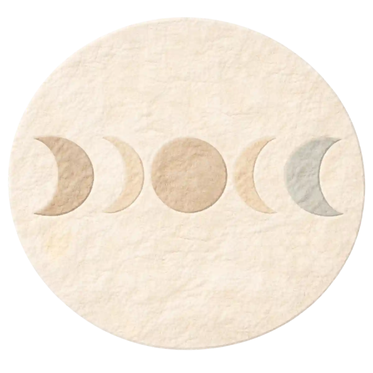 Round beige rug with moon phase design on a white background