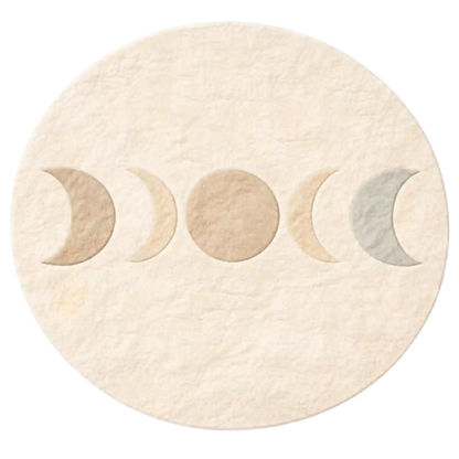 Round beige rug with moon phase design on a white background