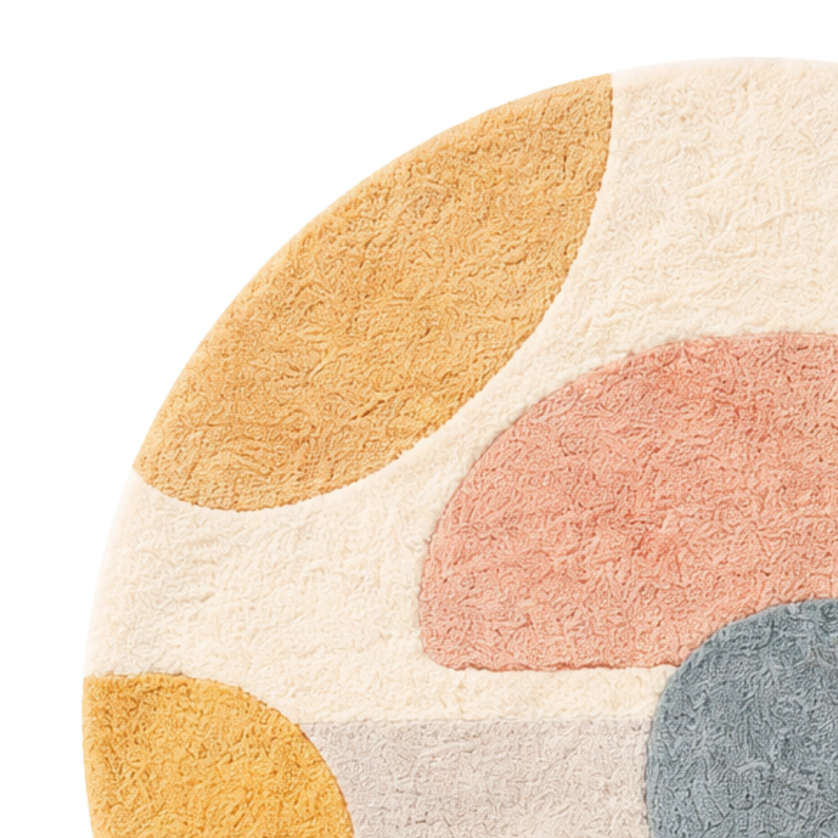 Close-up of a round rug with colorful abstract patterns on a white background