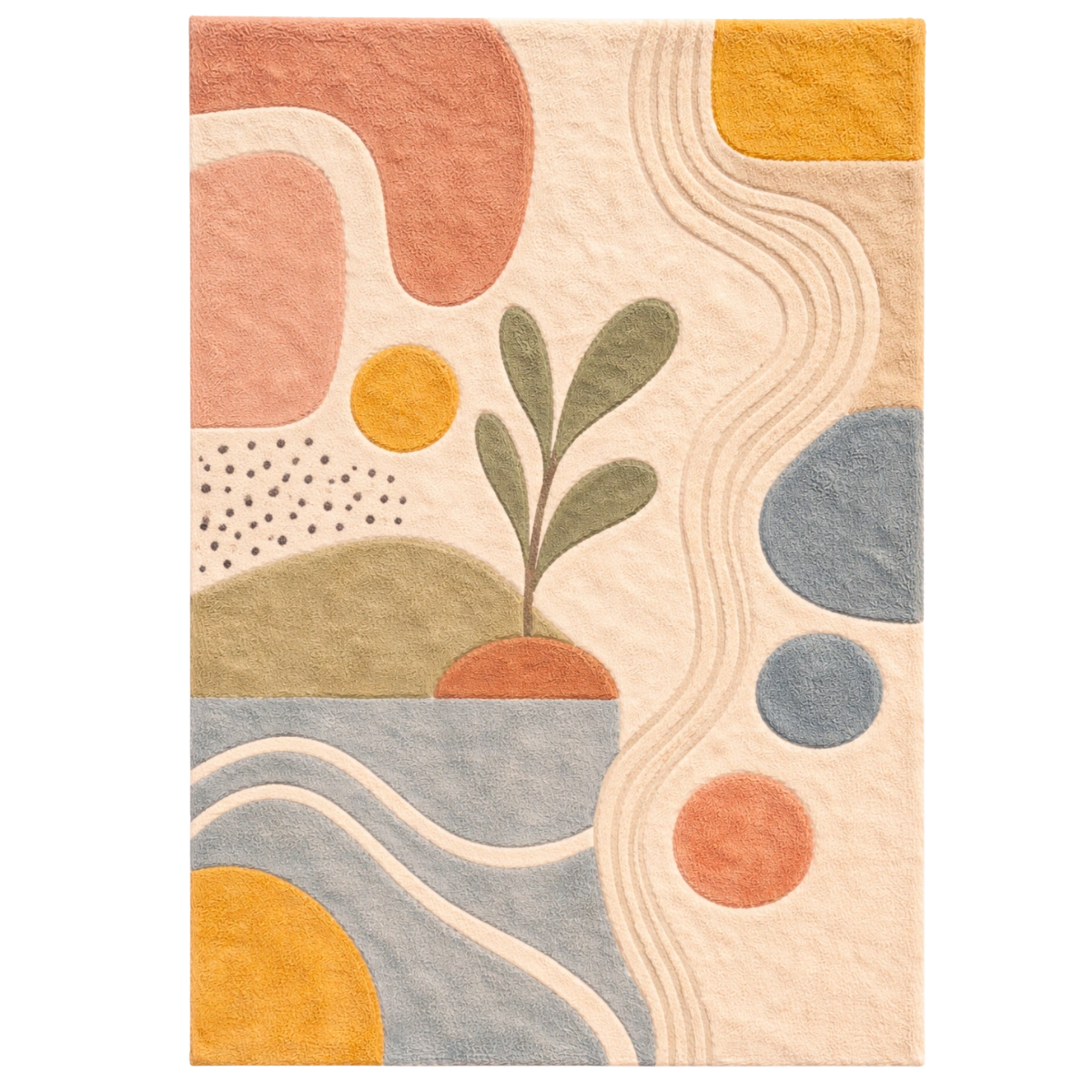 Rug with abstract design featuring shapes and a plant-like figure on a beige background