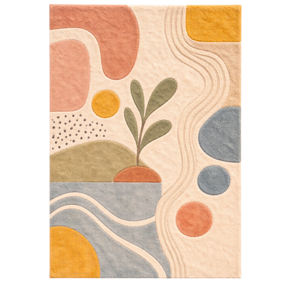 Rug with abstract design featuring shapes and a plant-like figure on a beige background