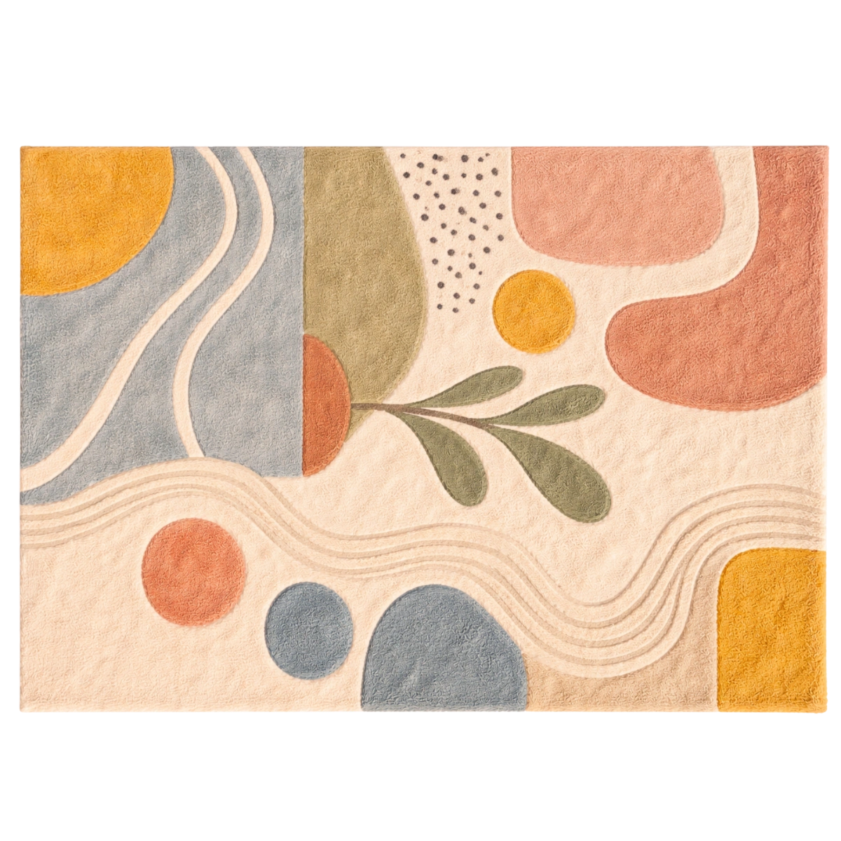 Decorative rug with abstract pattern in earthy tones on a white background