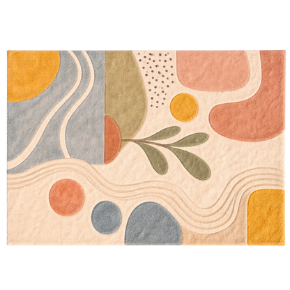 Decorative rug with abstract pattern in earthy tones on a white background
