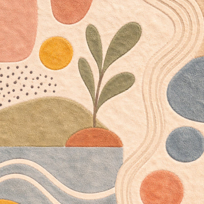 Close-up of a textured fabric with abstract patterns including circles, leaves, and wavy lines.