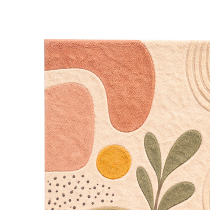 Close-up of a textured fabric with abstract patterns including shapes and leaves.
