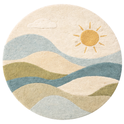 Round rug with a sun and landscape design on a white background