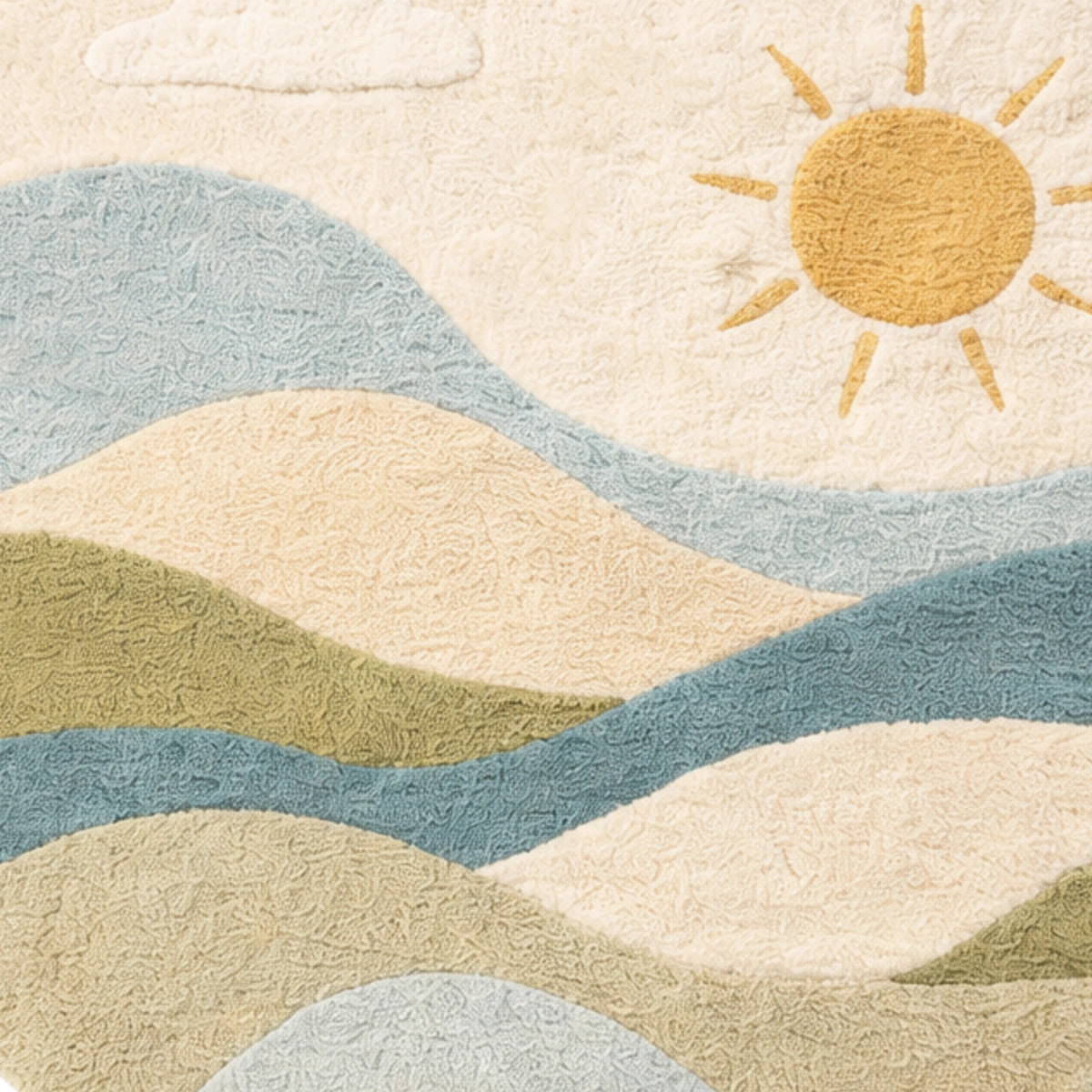 Textured rug with landscape design featuring mountains, a sun, and clouds.