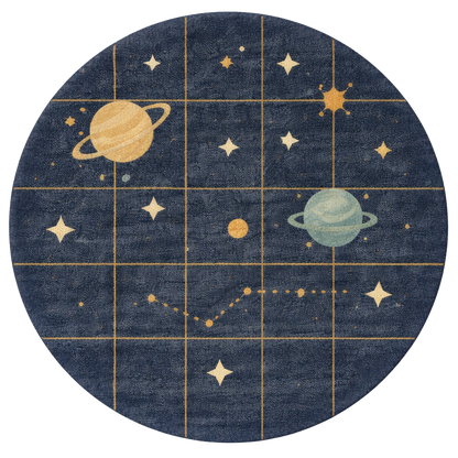 Round rug with space-themed design featuring planets and stars on a blue background