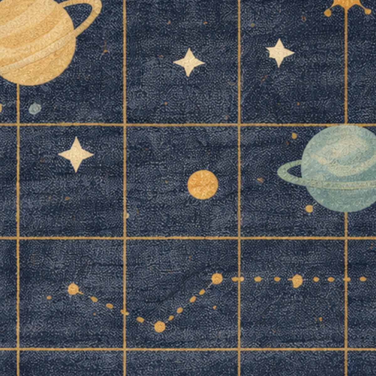 Space-themed pattern with planets, stars, and constellations on a blue background.