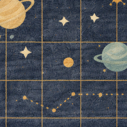 Space-themed pattern with planets, stars, and constellations on a blue background.