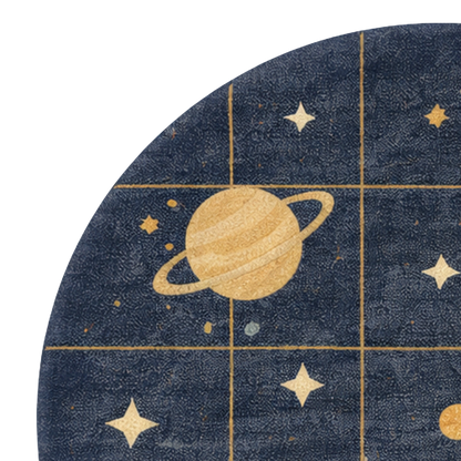 Round rug with space-themed design featuring planets and stars on a blue background