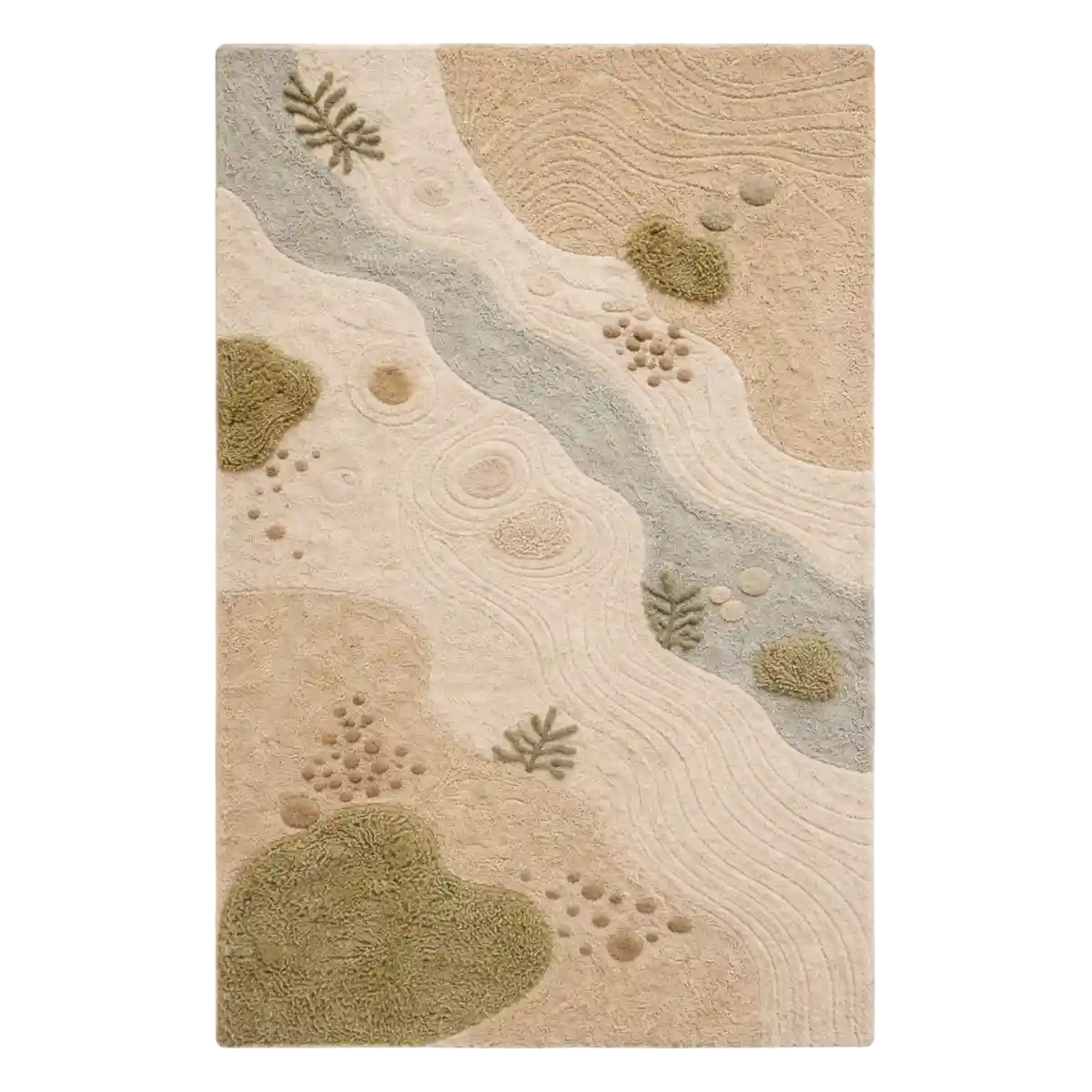 Textured area rug with natural patterns on a beige background