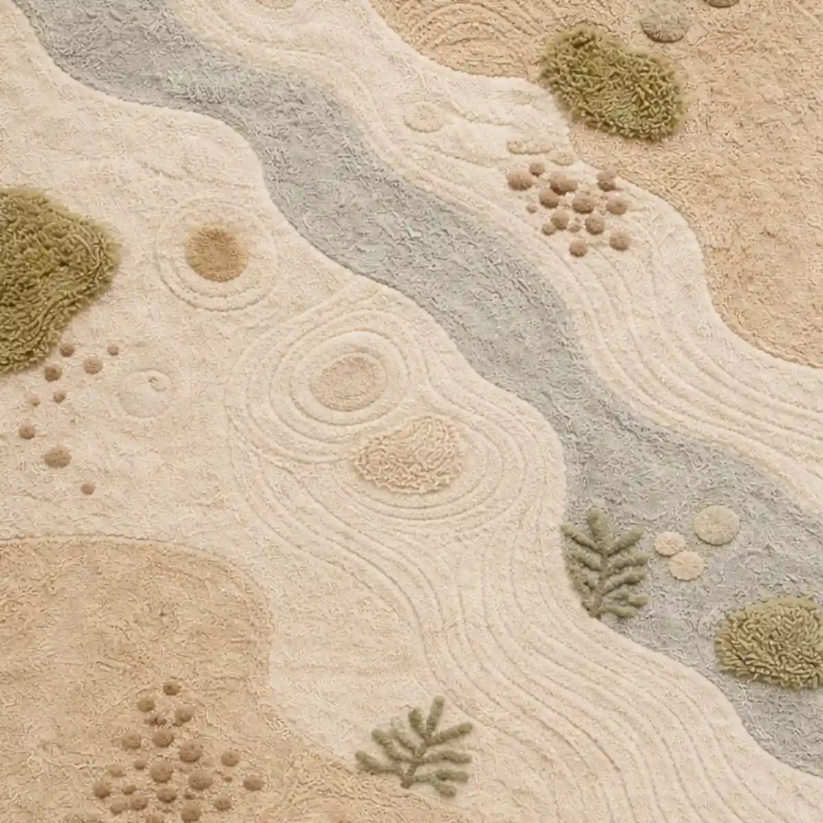 Close-up of a textured rug with natural patterns and colors.