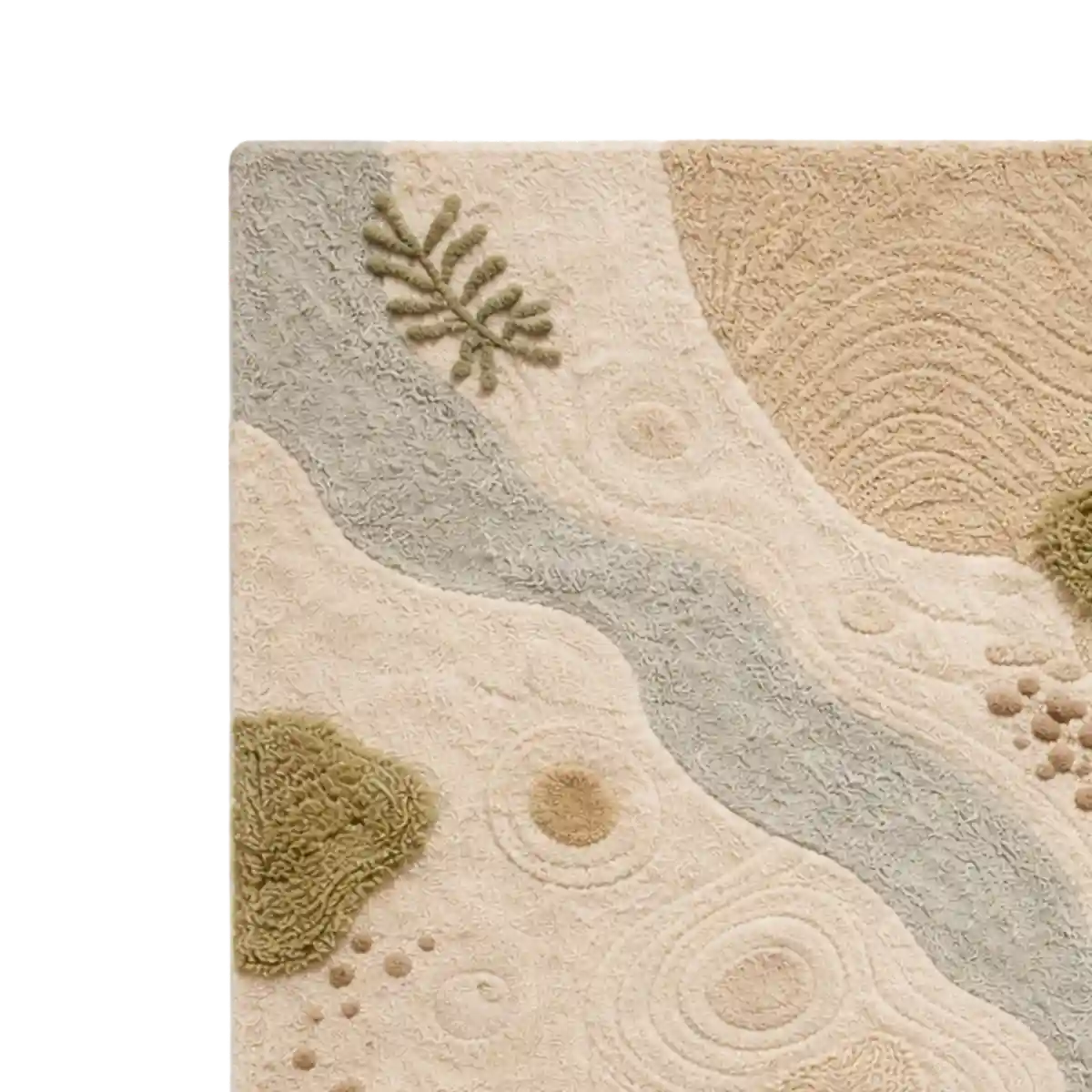 Close-up of a textured rug with natural patterns and colors.