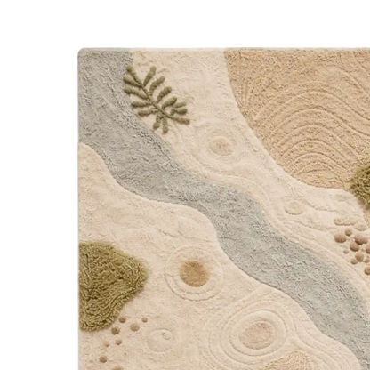 Close-up of a textured rug with natural patterns and colors.