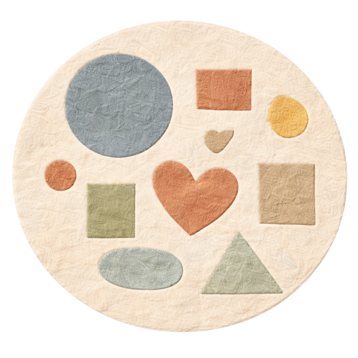 Round rug with colorful geometric shapes on a white background
