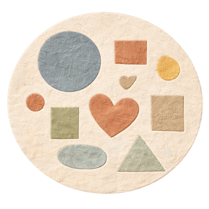 Round rug with colorful geometric shapes on a white background