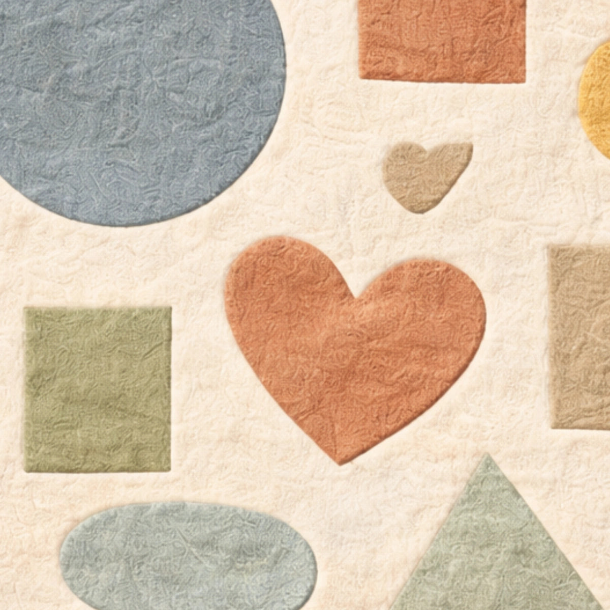 Pattern of geometric shapes including a heart on a textured beige background