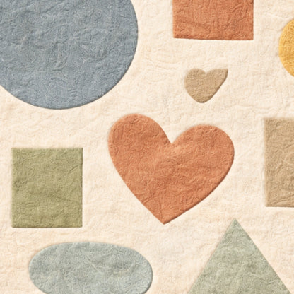 Pattern of geometric shapes including a heart on a textured beige background