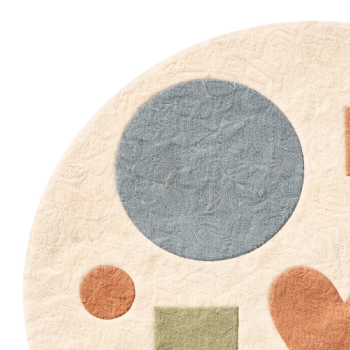 Round rug with colorful geometric shapes on a beige background